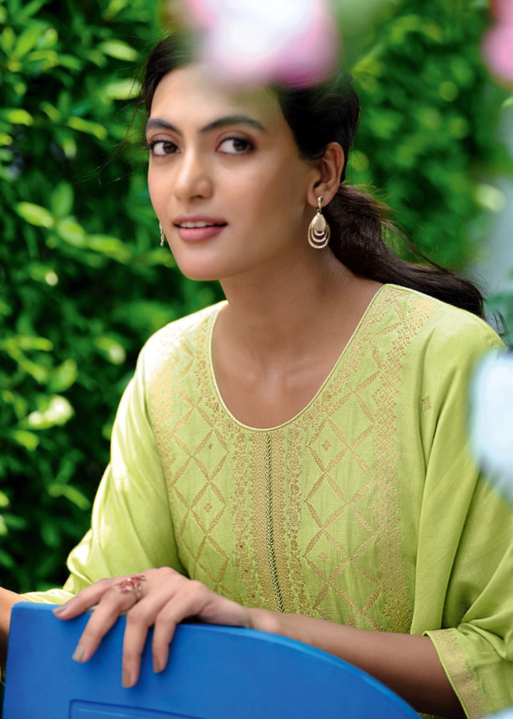 Pastel Green Viscose Silk Kaftan Set with Handcrafted Details - House of Sarvati LLC