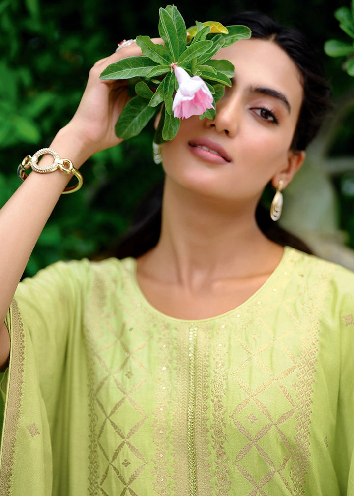 Pastel Green Viscose Silk Kaftan Set with Handcrafted Details - House of Sarvati LLC