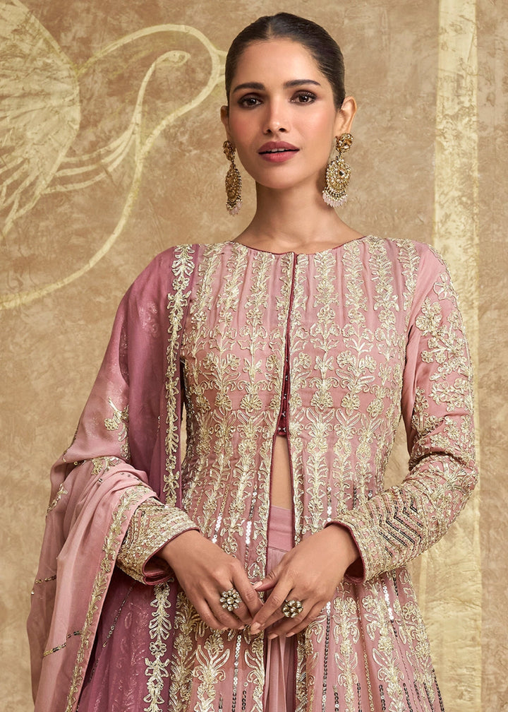 Pastel Pink Skirt and Top in Georgette with Stylish Long Jacket - House of Sarvati LLC
