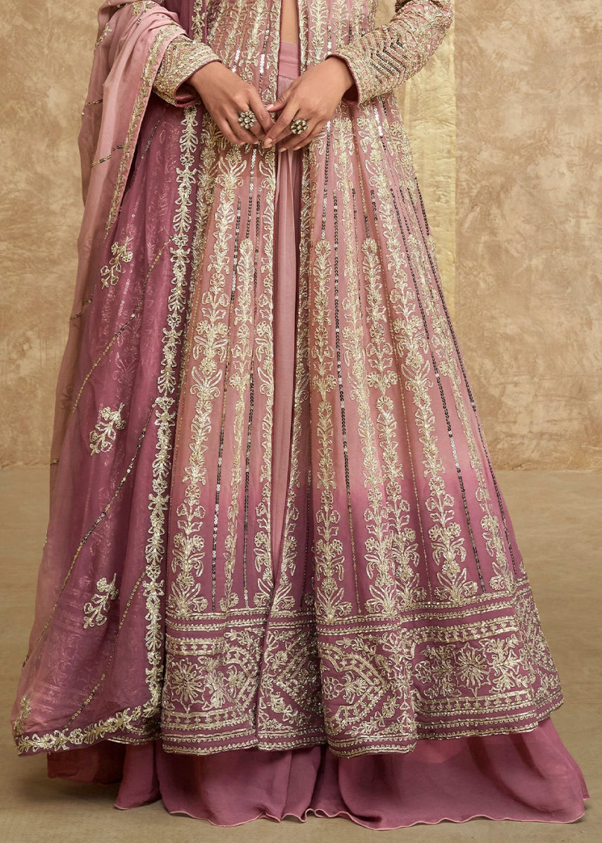 Pastel Pink Skirt and Top in Georgette with Stylish Long Jacket - House of Sarvati LLC