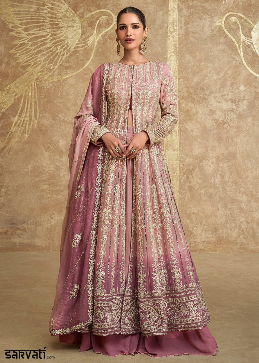 Pastel Pink Skirt and Top in Georgette with Stylish Long Jacket - House of Sarvati LLC