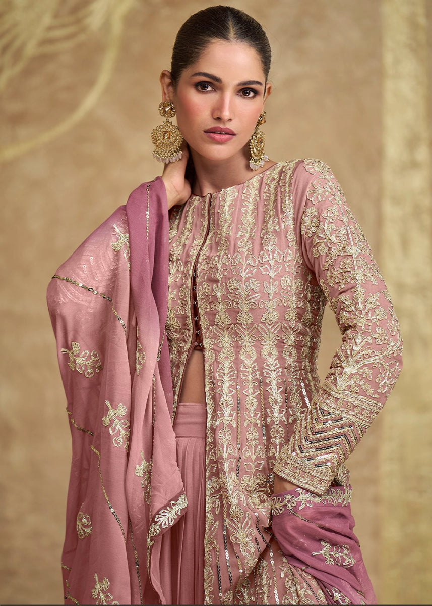 Pastel Pink Skirt and Top in Georgette with Stylish Long Jacket - House of Sarvati LLC