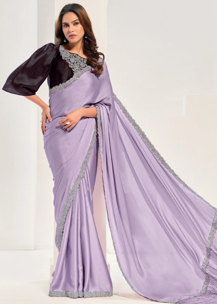 Pastel Purple Crepe Satin Silk Saree with Luxurious Zardosi Detailing - House of Sarvati LLC