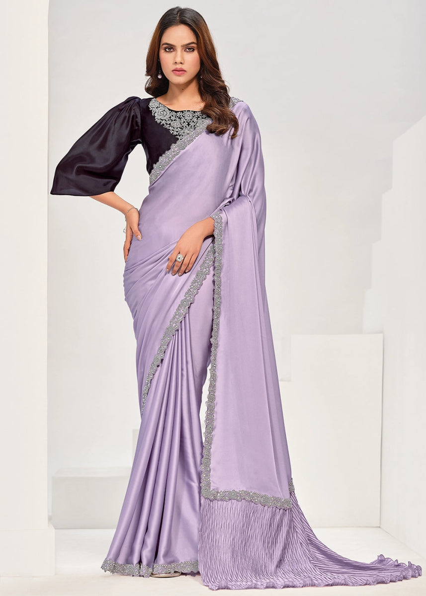 Pastel Purple Crepe Satin Silk Saree with Luxurious Zardosi Detailing - House of Sarvati LLC