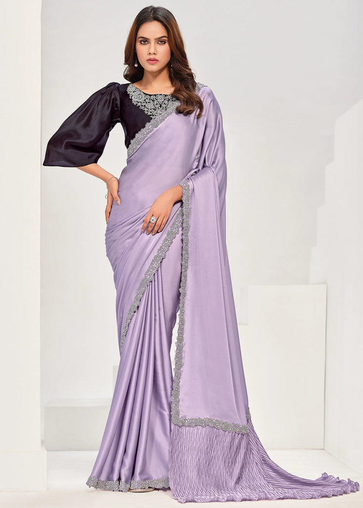 Pastel Purple Crepe Satin Silk Saree with Luxurious Zardosi Detailing - House of Sarvati LLC