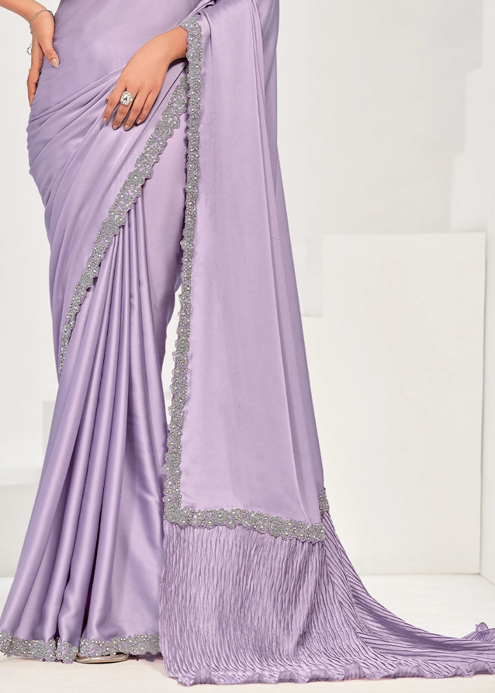 Pastel Purple Crepe Satin Silk Saree with Luxurious Zardosi Detailing - House of Sarvati LLC