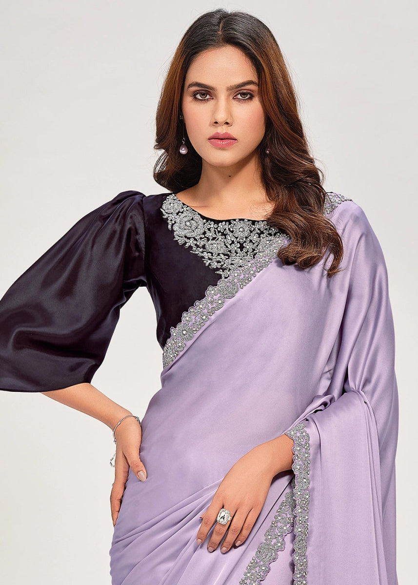 Pastel Purple Crepe Satin Silk Saree with Luxurious Zardosi Detailing - House of Sarvati LLC