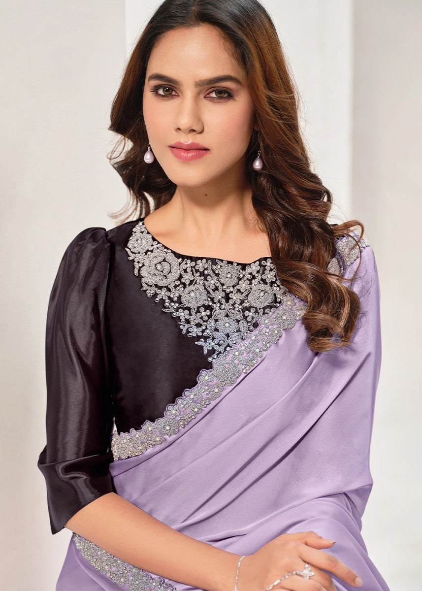 Pastel Purple Crepe Satin Silk Saree with Luxurious Zardosi Detailing - House of Sarvati LLC