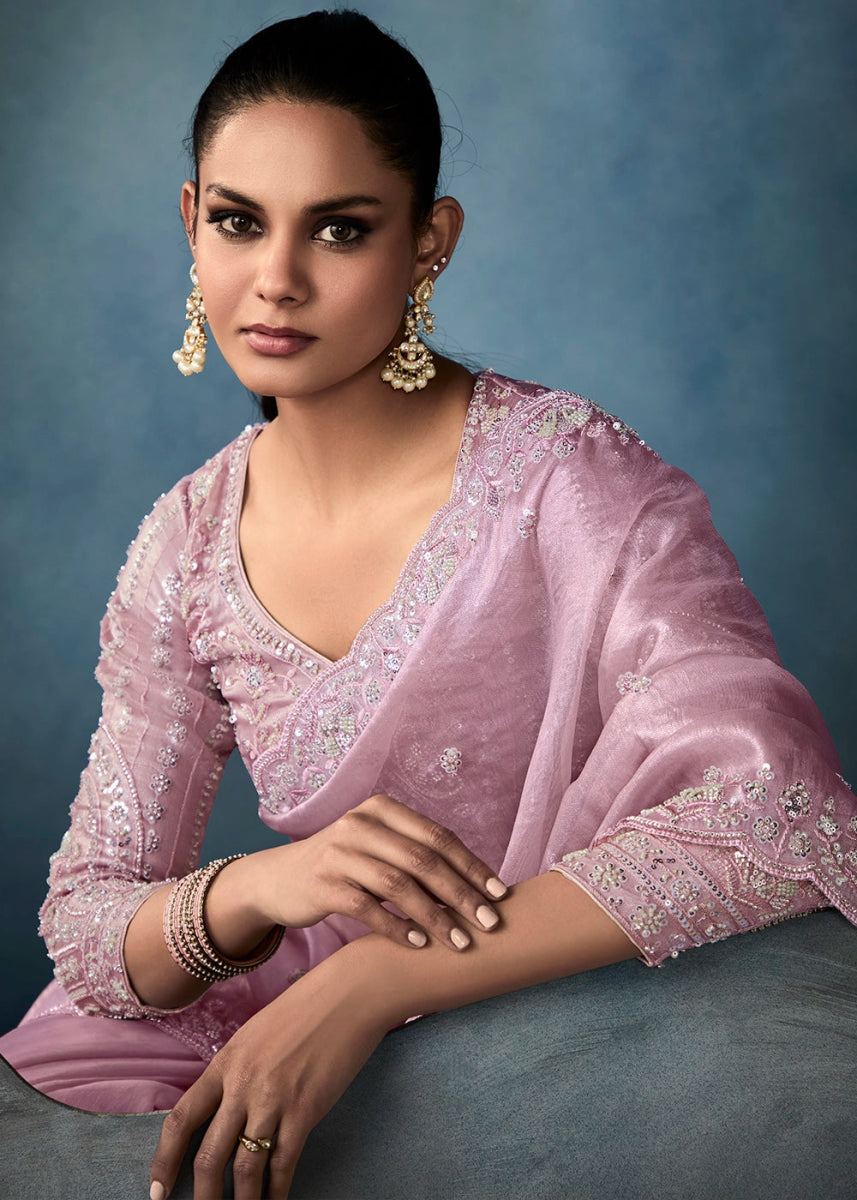 Pastel Purple Designer Saree in Tissue Fabric with Hand Embroidery - House of Sarvati LLC