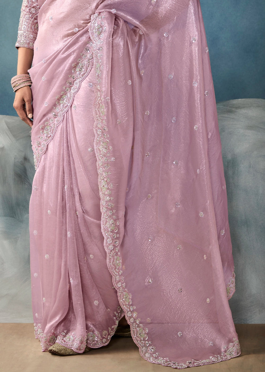 Pastel Purple Designer Saree in Tissue Fabric with Hand Embroidery - House of Sarvati LLC