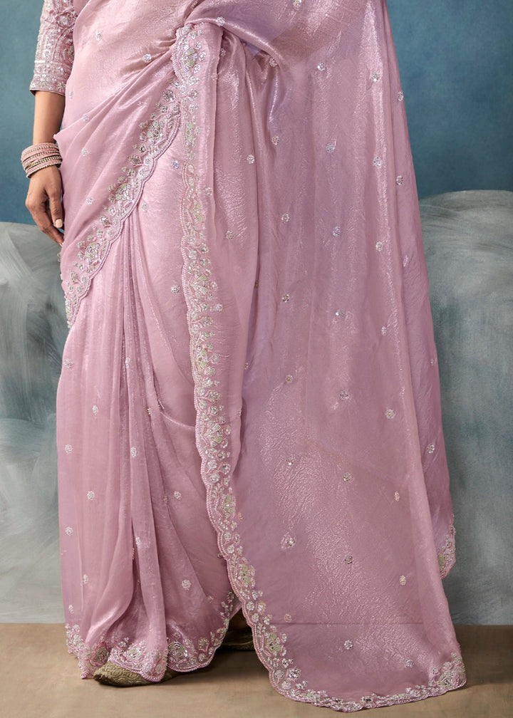 Pastel Purple Designer Saree in Tissue Fabric with Hand Embroidery - House of Sarvati LLC