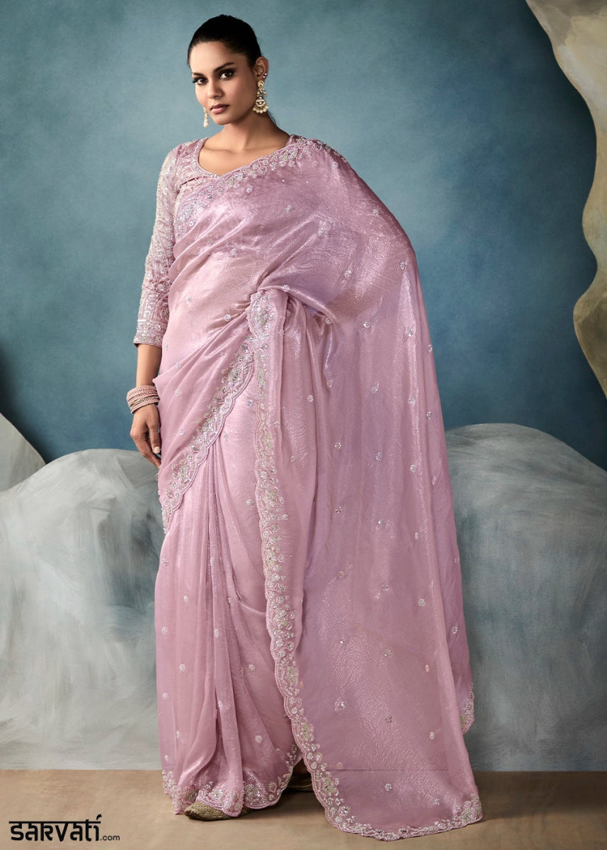 Pastel Purple Designer Saree in Tissue Fabric with Hand Embroidery - House of Sarvati LLC