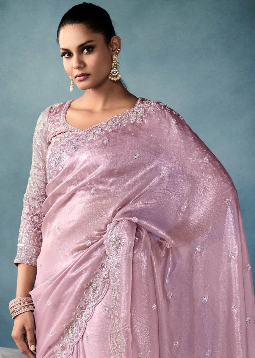 Pastel Purple Designer Saree in Tissue Fabric with Hand Embroidery - House of Sarvati LLC