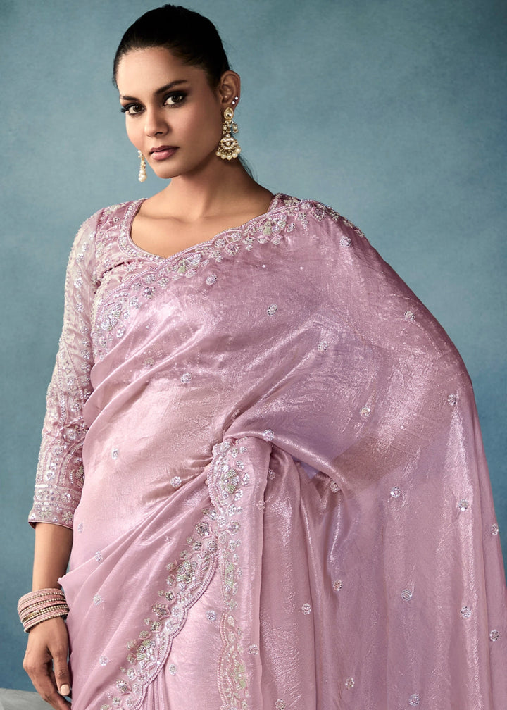 Pastel Purple Designer Saree in Tissue Fabric with Hand Embroidery - House of Sarvati LLC