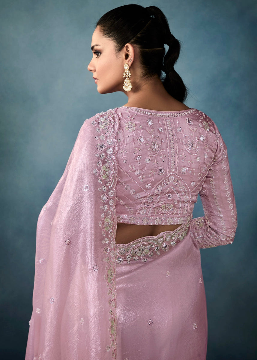 Pastel Purple Designer Saree in Tissue Fabric with Hand Embroidery - House of Sarvati LLC