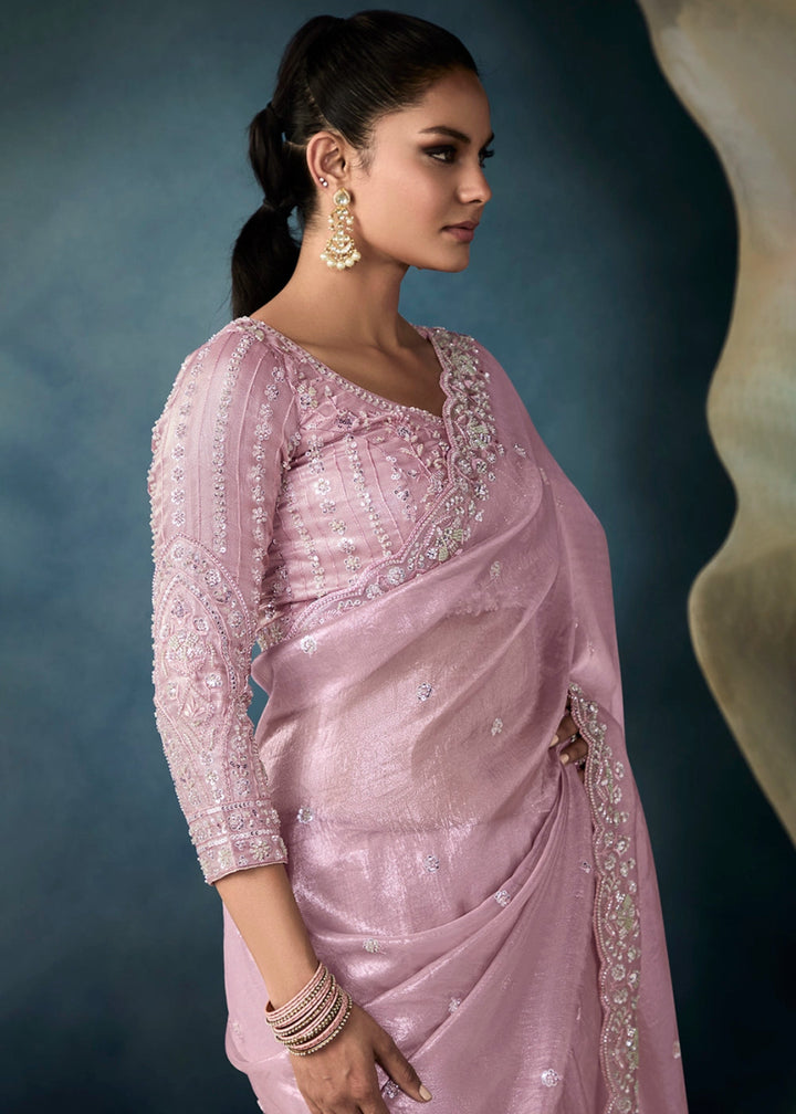 Pastel Purple Designer Saree in Tissue Fabric with Hand Embroidery - House of Sarvati LLC