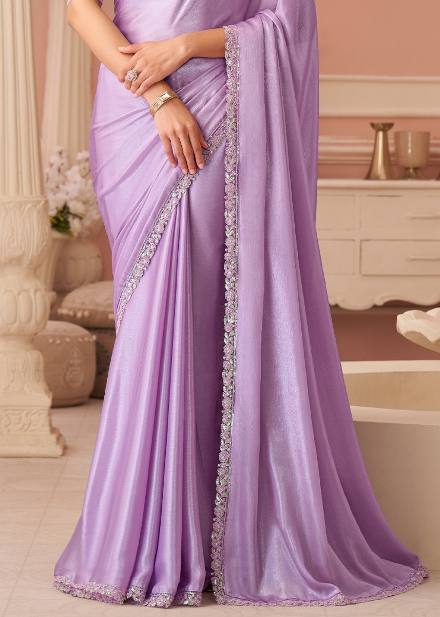 Pastel Purple Embellished Chiffon Saree with Designer Blouse - House of Sarvati LLC