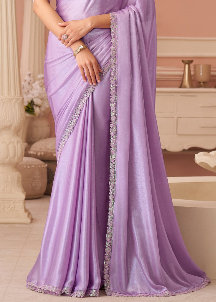 Pastel Purple Embellished Chiffon Saree with Designer Blouse - House of Sarvati LLC