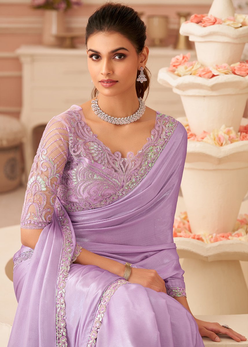 Pastel Purple Embellished Chiffon Saree with Designer Blouse - House of Sarvati LLC