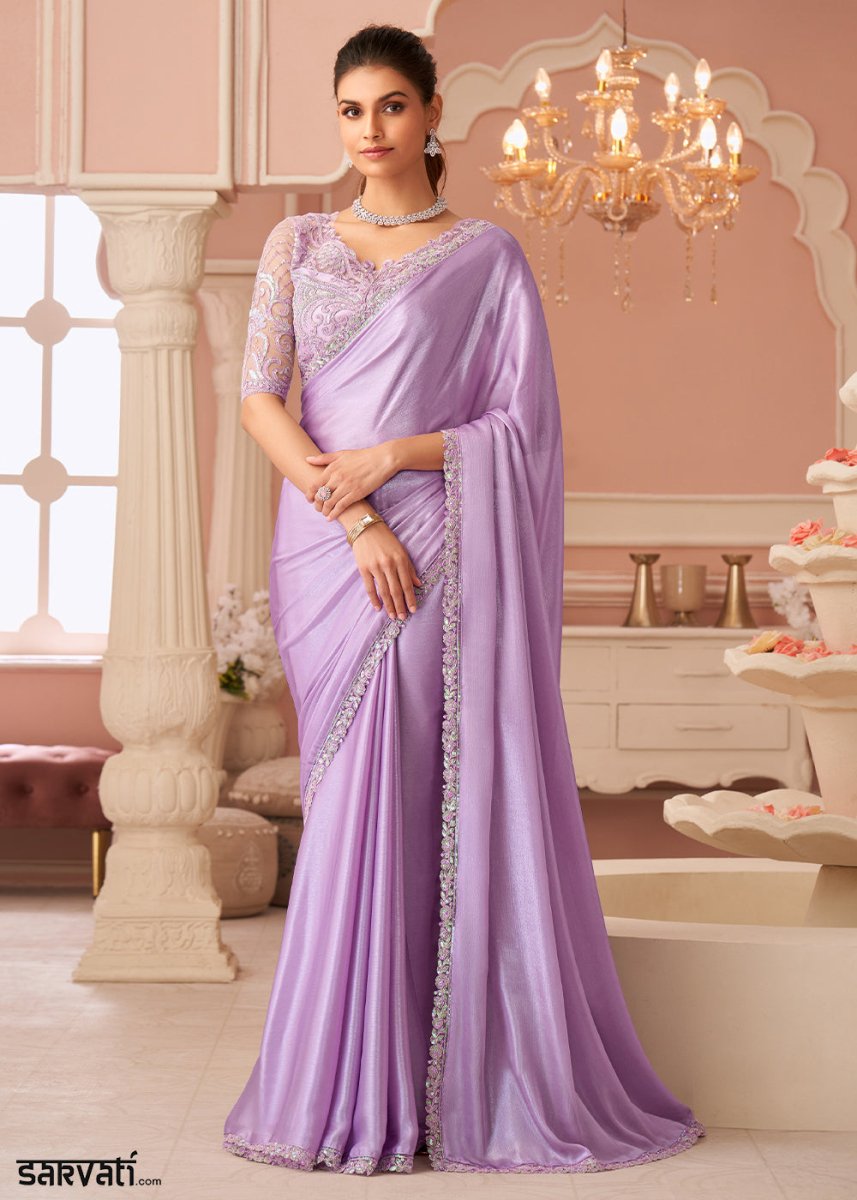 Pastel Purple Embellished Chiffon Saree with Designer Blouse - House of Sarvati LLC
