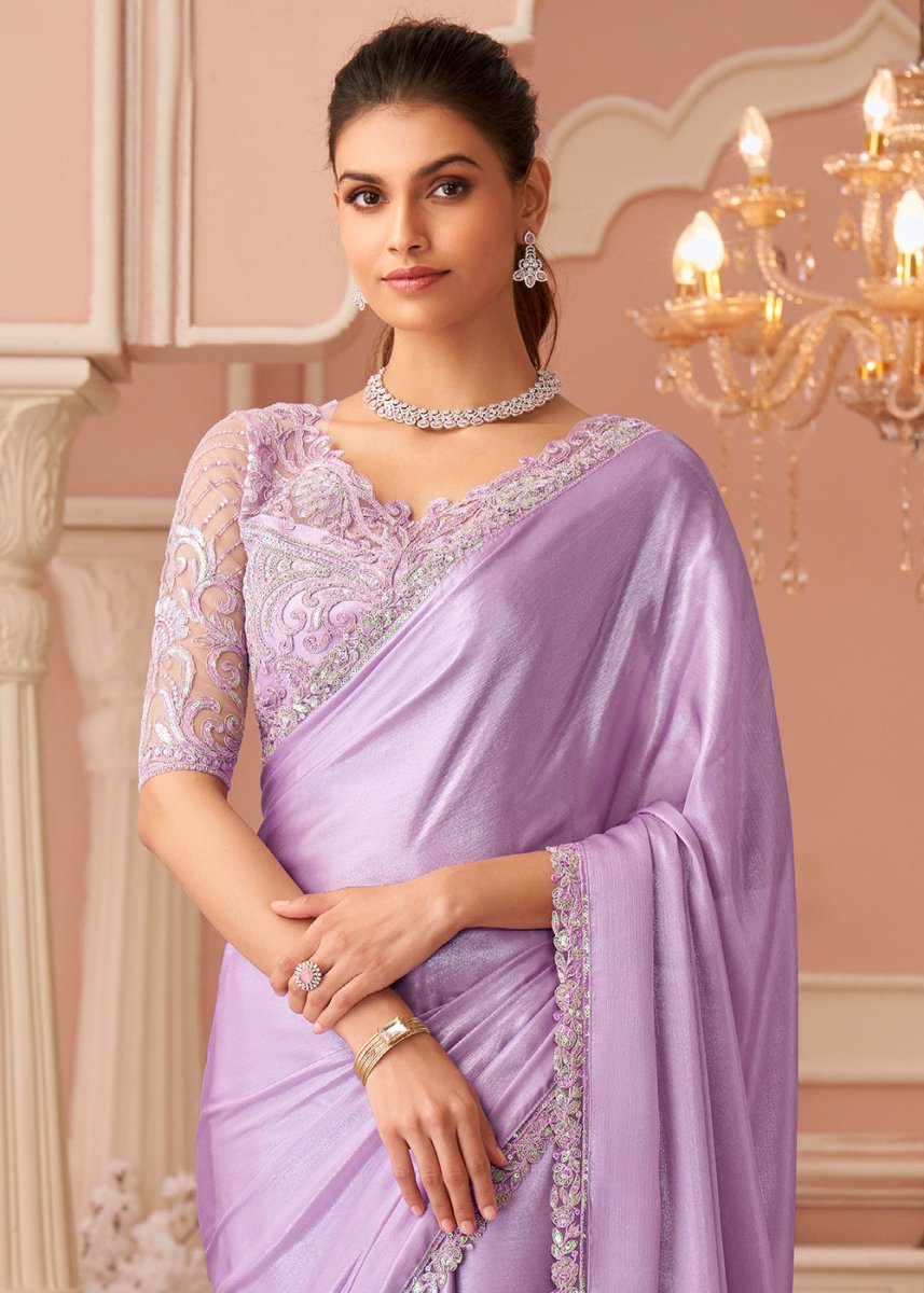 Pastel Purple Embellished Chiffon Saree with Designer Blouse - House of Sarvati LLC