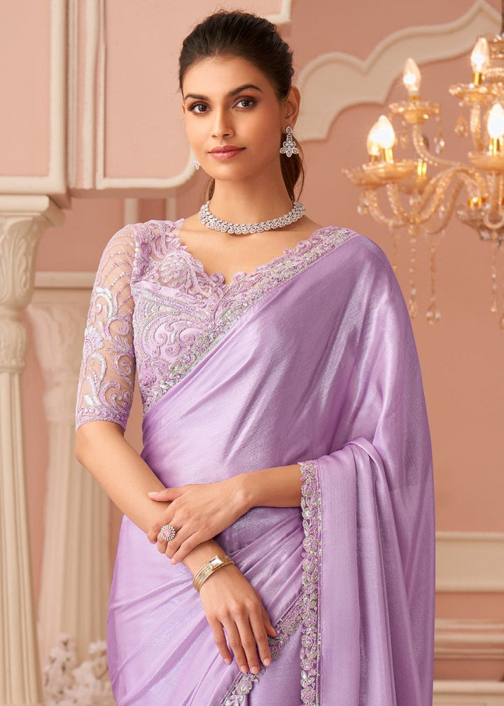 Pastel Purple Embellished Chiffon Saree with Designer Blouse - House of Sarvati LLC