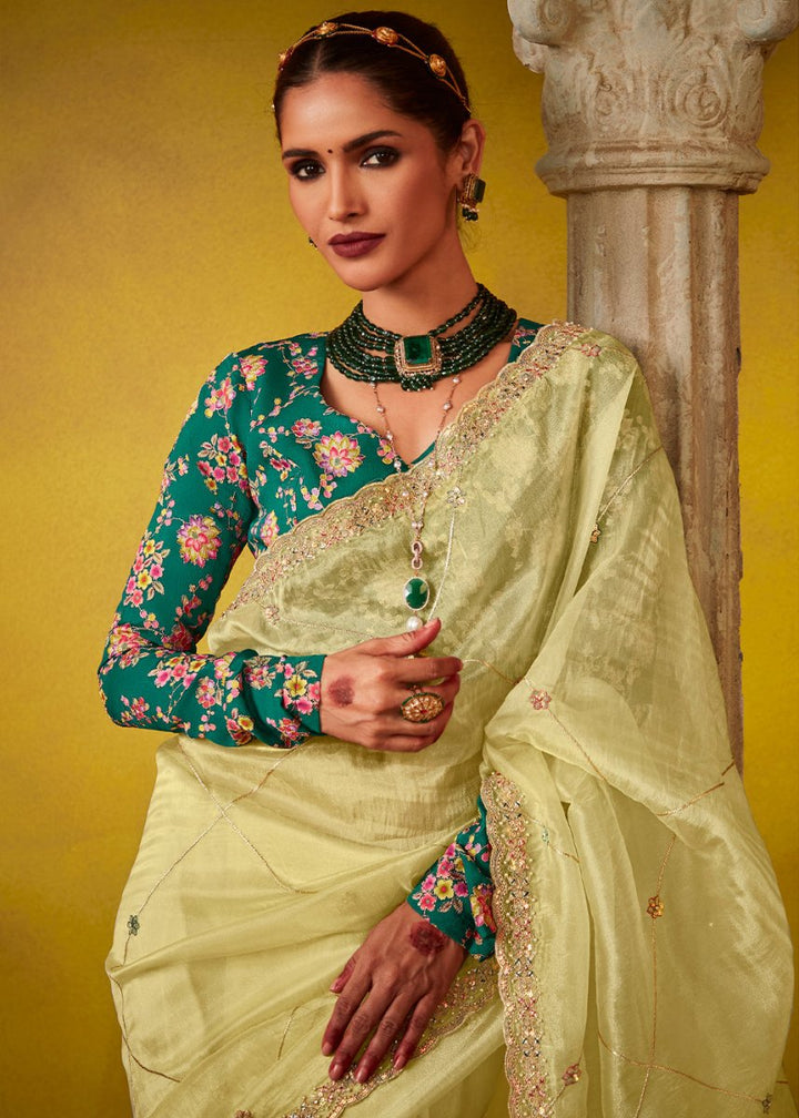 Pastel Yellow Tissue Silk Saree with Stunning Sequins and Thread Embroidery work - House of Sarvati LLC