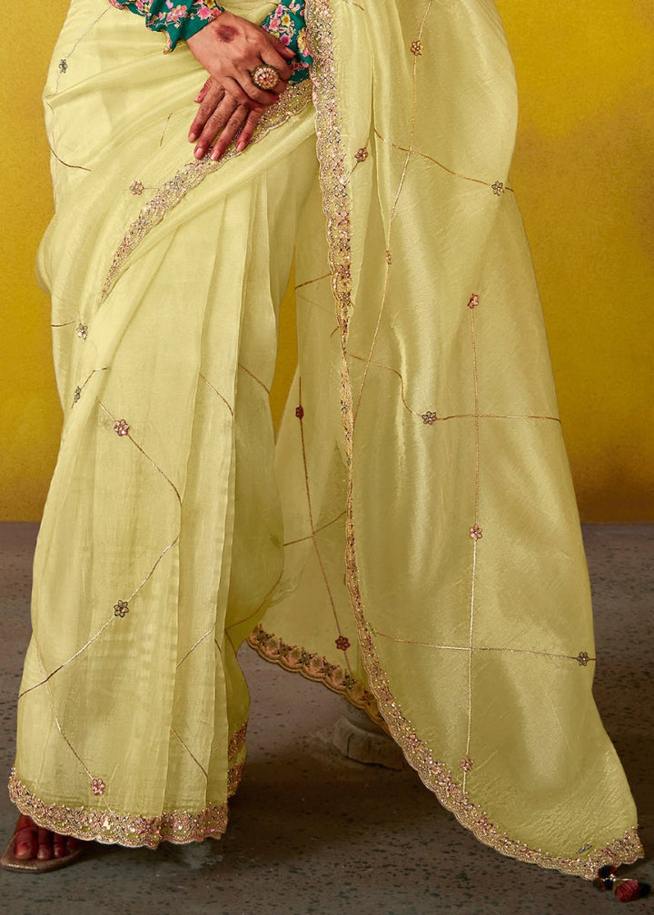 Pastel Yellow Tissue Silk Saree with Stunning Sequins and Thread Embroidery work - House of Sarvati LLC