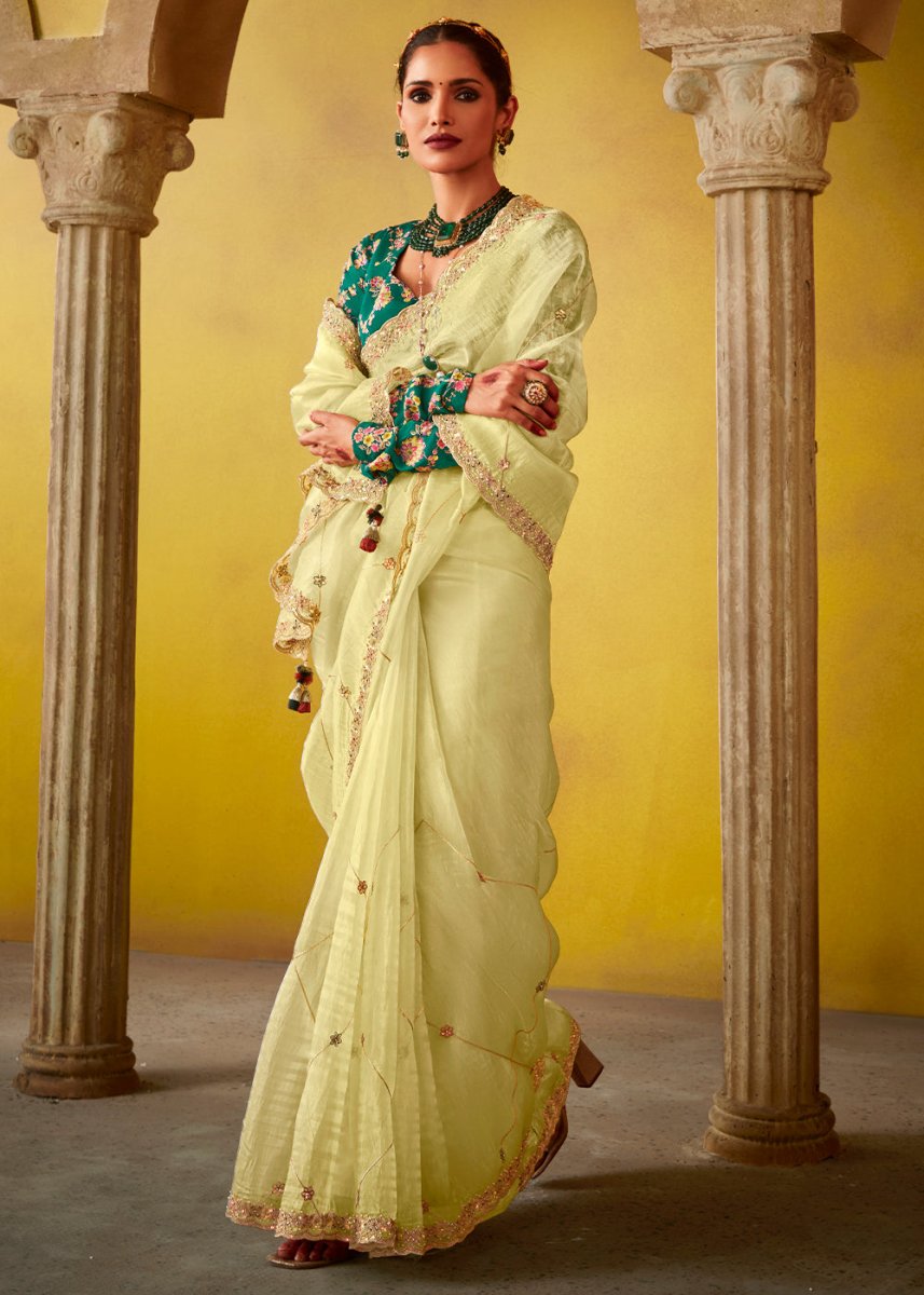 Pastel Yellow Tissue Silk Saree with Stunning Sequins and Thread Embroidery work - House of Sarvati LLC