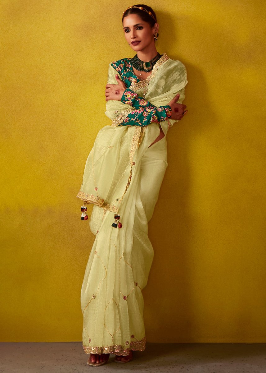 Pastel Yellow Tissue Silk Saree with Stunning Sequins and Thread Embroidery work - House of Sarvati LLC