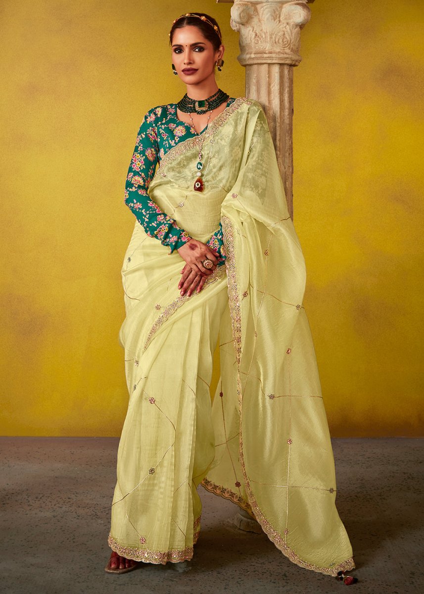Pastel Yellow Tissue Silk Saree with Stunning Sequins and Thread Embroidery work - House of Sarvati LLC