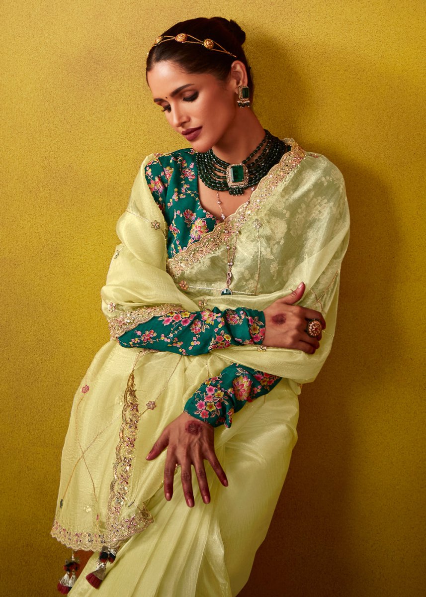 Pastel Yellow Tissue Silk Saree with Stunning Sequins and Thread Embroidery work - House of Sarvati LLC
