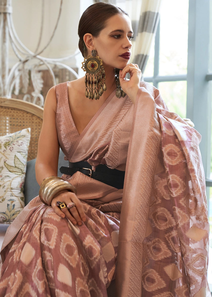 Peach & Brown Tissue Silk Saree with Delicate Handloom Zari Embroidery - House of Sarvati LLC