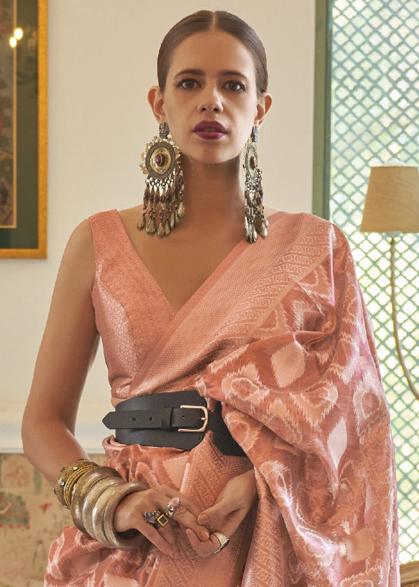 Peach & Brown Tissue Silk Saree with Delicate Handloom Zari Embroidery - House of Sarvati LLC