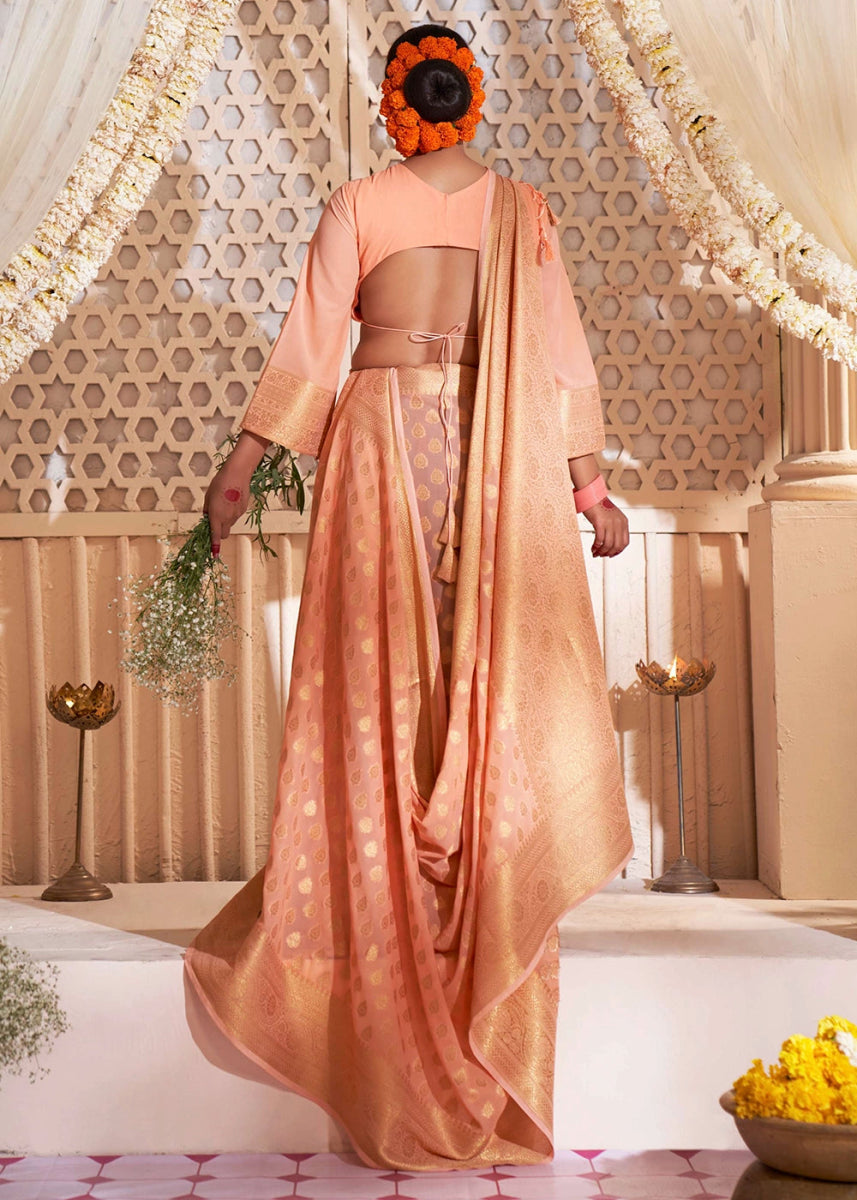 Peach Orange Banarasi - Style Saree in Georgette Silk with Zari Embellishments - House of Sarvati LLC