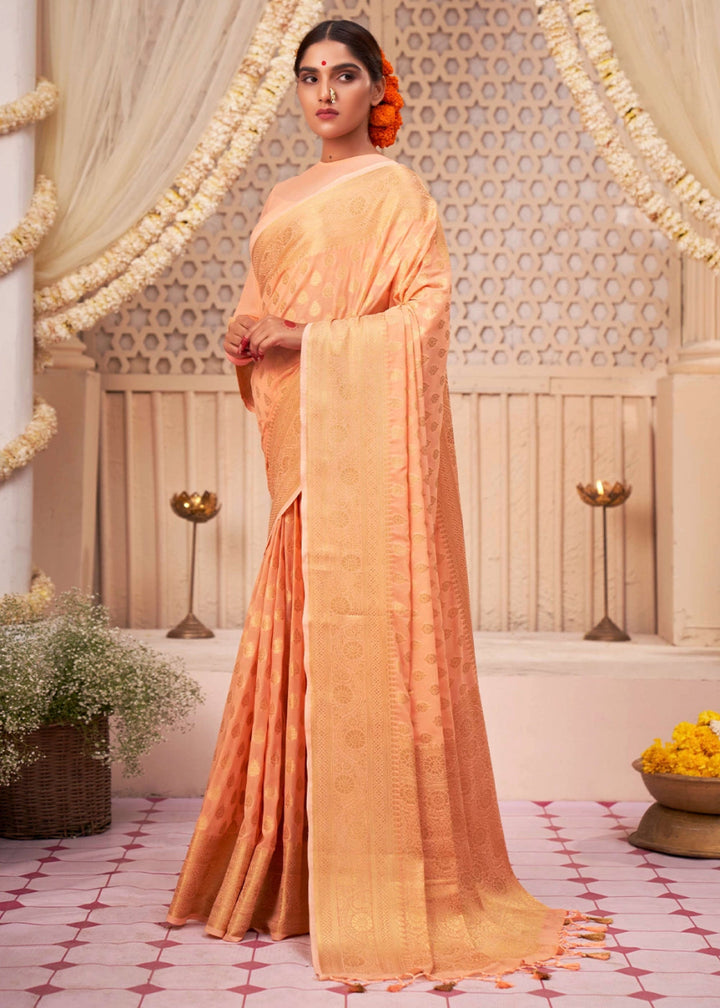 Peach Orange Banarasi - Style Saree in Georgette Silk with Zari Embellishments - House of Sarvati LLC