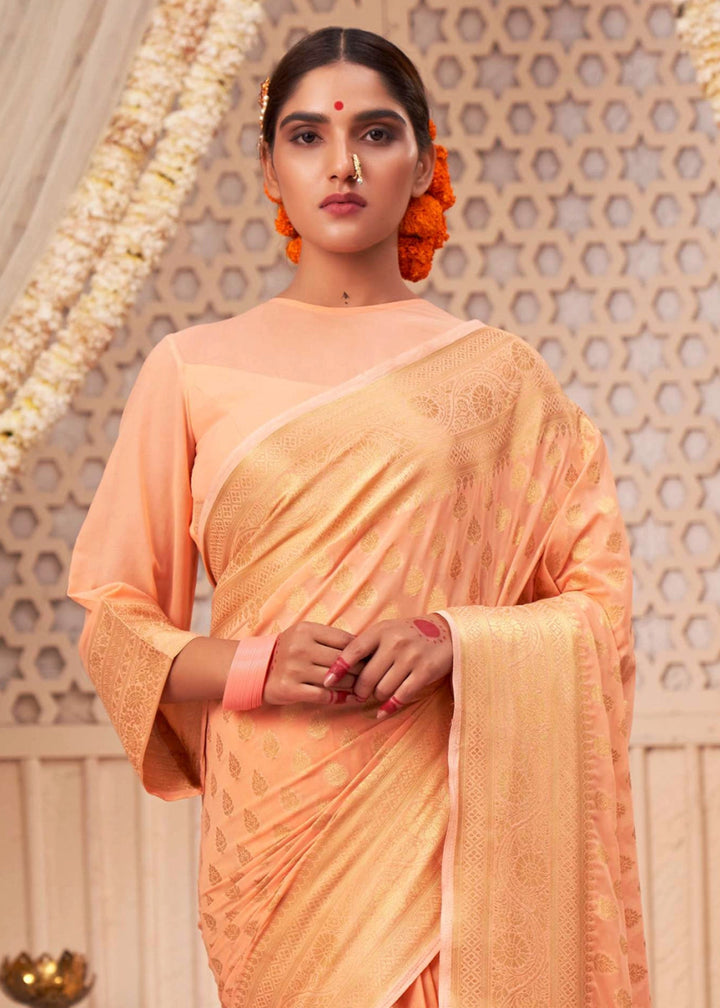 Peach Orange Banarasi - Style Saree in Georgette Silk with Zari Embellishments - House of Sarvati LLC