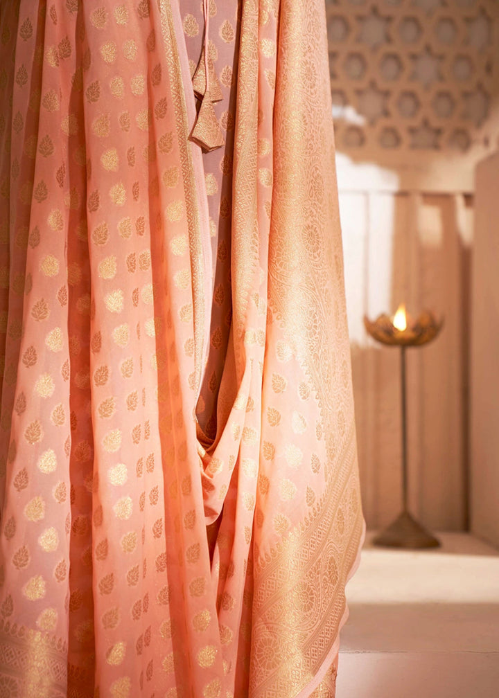 Peach Orange Banarasi - Style Saree in Georgette Silk with Zari Embellishments - House of Sarvati LLC