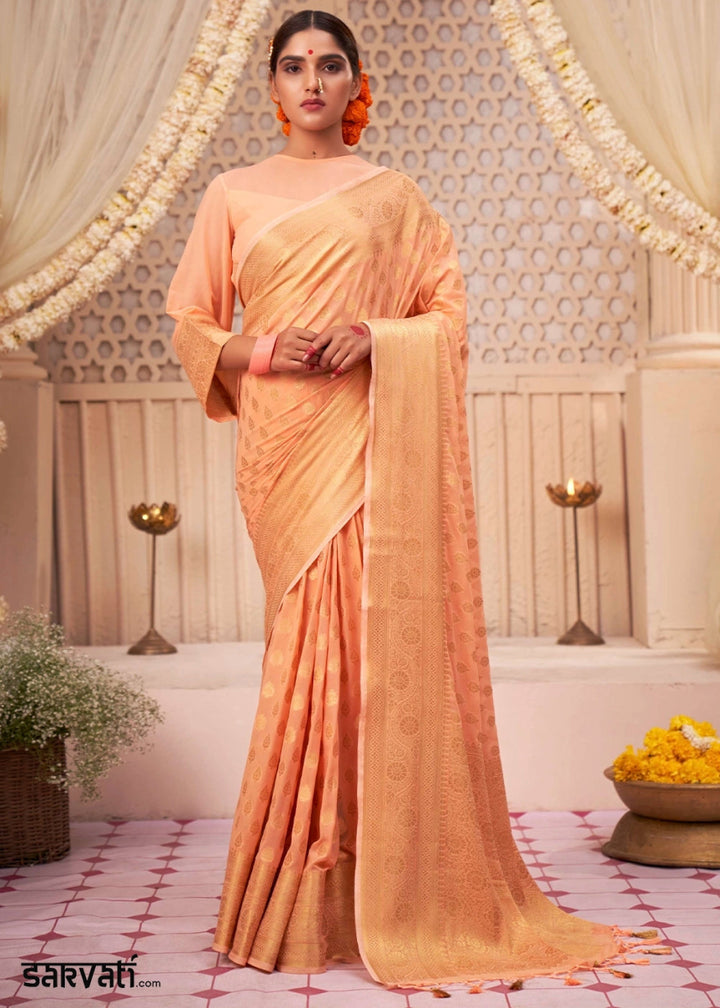Peach Orange Banarasi - Style Saree in Georgette Silk with Zari Embellishments - House of Sarvati LLC