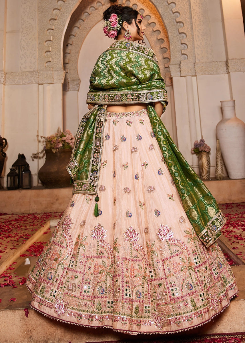 Peach Pink Embroidered Tissue Lehenga Choli with Mirror works - House of Sarvati LLC
