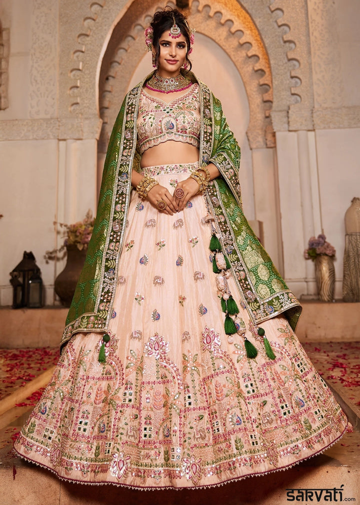Peach Pink Embroidered Tissue Lehenga Choli with Mirror works - House of Sarvati LLC
