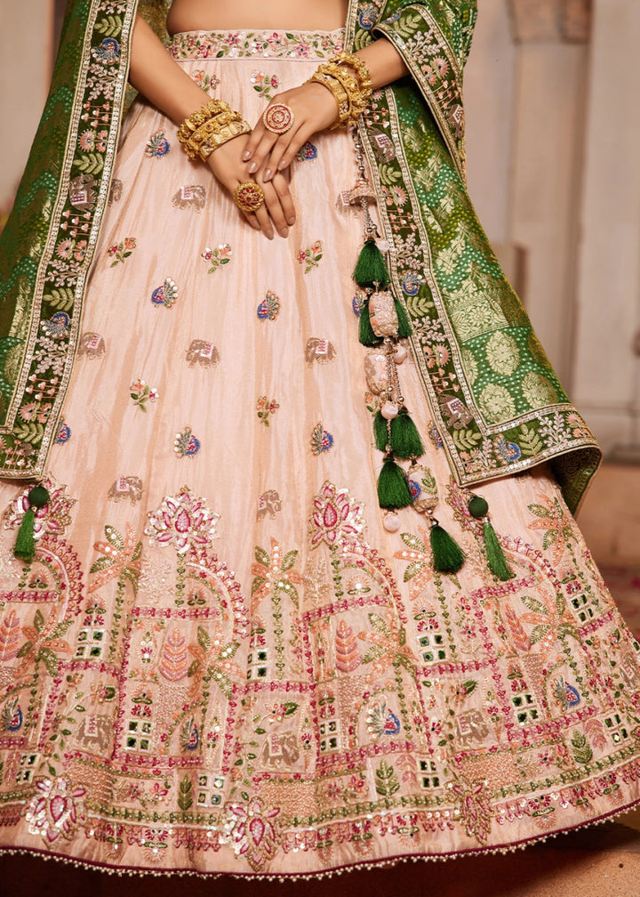 Peach Pink Embroidered Tissue Lehenga Choli with Mirror works - House of Sarvati LLC