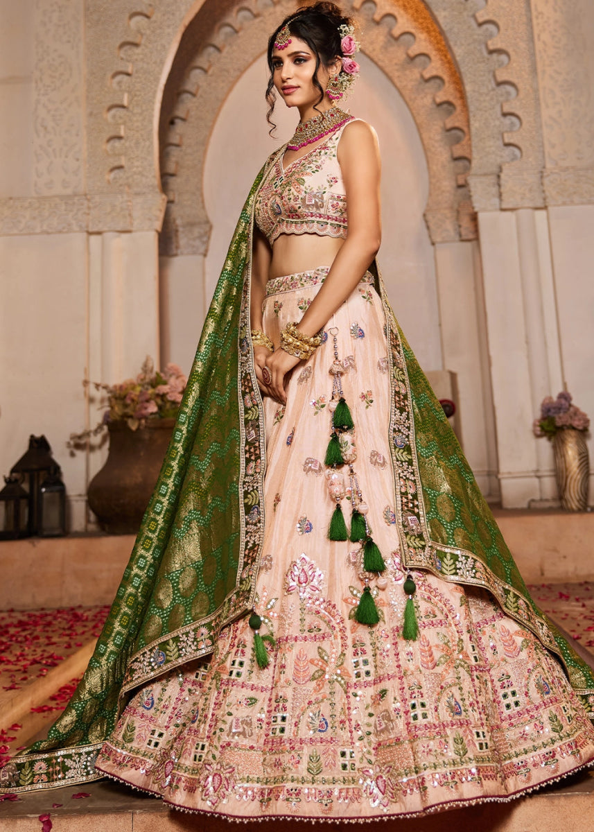Peach Pink Embroidered Tissue Lehenga Choli with Mirror works - House of Sarvati LLC
