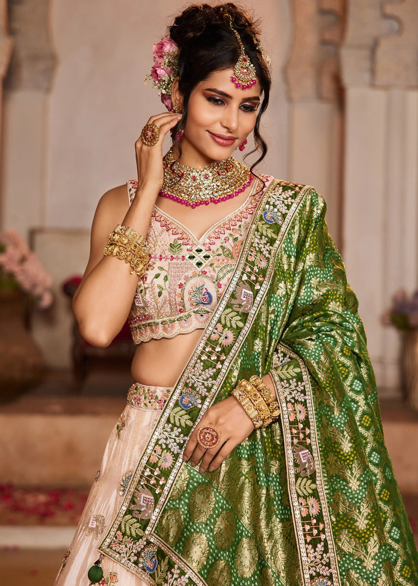 Peach Pink Embroidered Tissue Lehenga Choli with Mirror works - House of Sarvati LLC