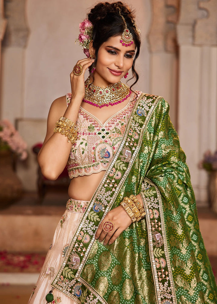 Peach Pink Embroidered Tissue Lehenga Choli with Mirror works - House of Sarvati LLC
