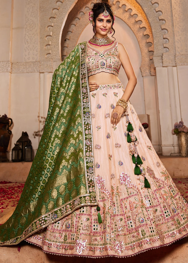 Peach Pink Embroidered Tissue Lehenga Choli with Mirror works - House of Sarvati LLC