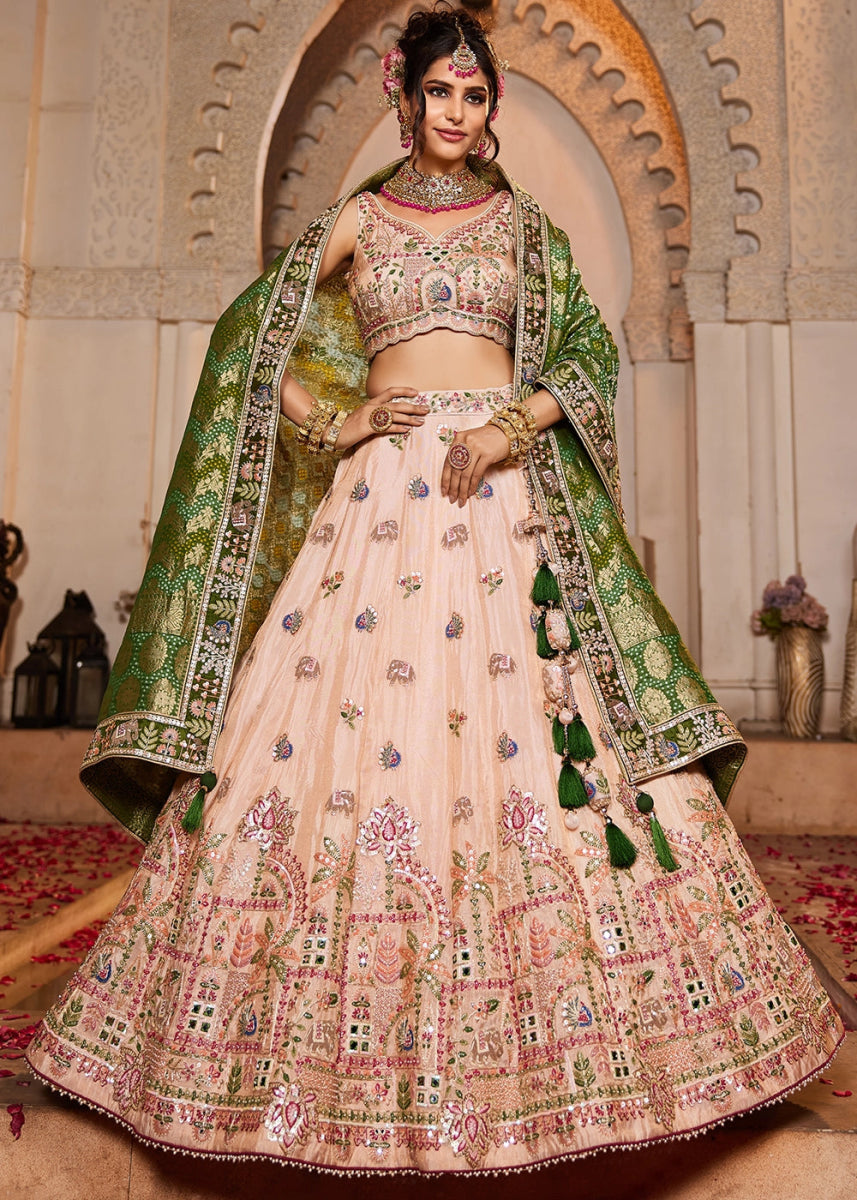 Peach Pink Embroidered Tissue Lehenga Choli with Mirror works - House of Sarvati LLC