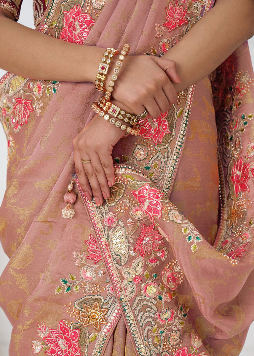 Peach Pink Embroidered Viscose Dola Silk Saree With Sequin And Multi Thread Accents - House of Sarvati LLC
