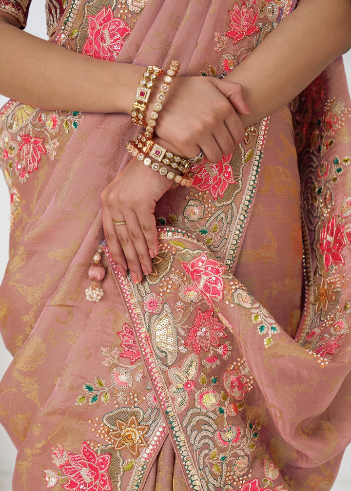 Peach Pink Embroidered Viscose Dola Silk Saree With Sequin And Multi Thread Accents - House of Sarvati LLC