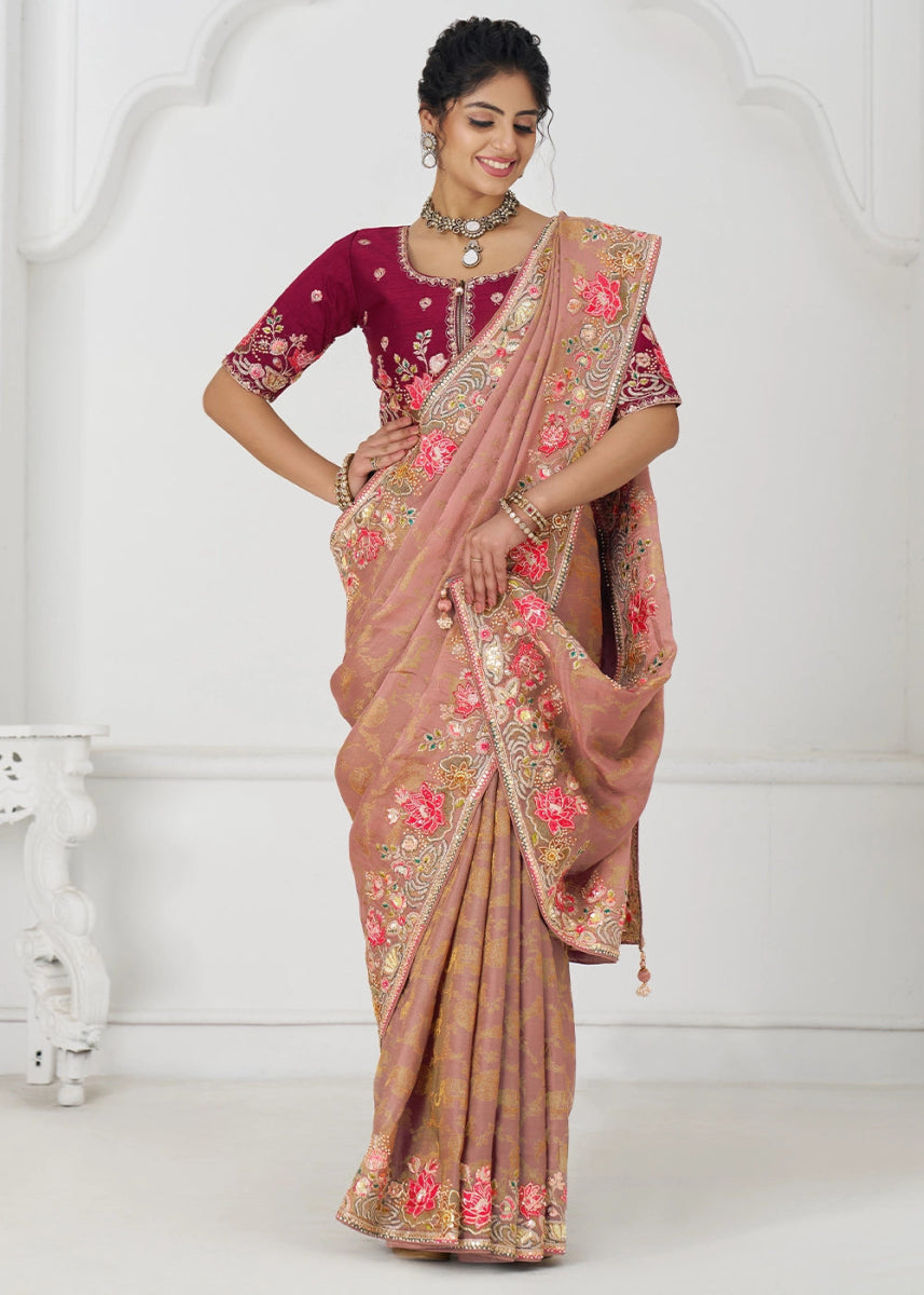 Peach Pink Embroidered Viscose Dola Silk Saree With Sequin And Multi Thread Accents - House of Sarvati LLC